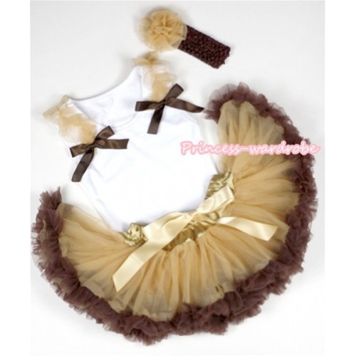 White Baby Pettitop & Goldenrod Ruffles & Brown Bow with Light Dark Brown Newborn Pettiskirt With Brown Headband Goldenrod Rose NG1104 