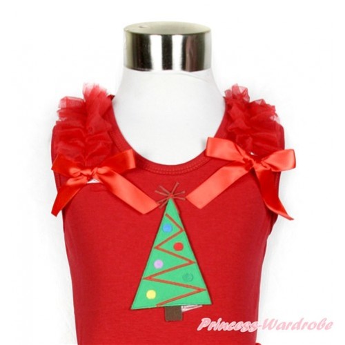 Xmas Red Tank Top with Red Ruffles & Red Bow With Christmas Tree Print TN091 