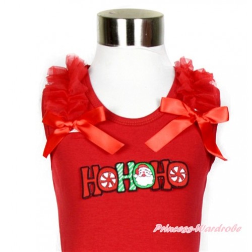 Xmas Red Tank Top with Red Ruffles & Red Bow With HOHOHO Santa Claus Print TN092 