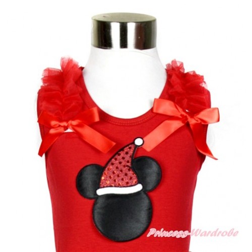 Xmas Red Tank Top with Red Ruffles & Red Bow With Christmas Minnie Print TN094 