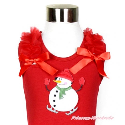 Xmas Red Tank Top with Red Ruffles & Red Bow With Ice-Skating Snowman Print TN095 