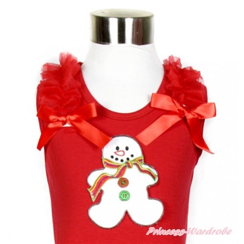 Xmas Red Tank Top with Red Ruffles & Red Bow With Christmas Gingerbread Snowman Print TN096 