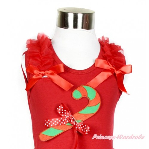 Xmas Red Tank Top with Red Ruffles & Red Bow With Christmas Stick Print & Minnie Dots Bow TN097 