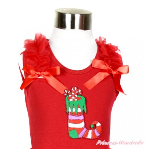 Xmas Red Tank Top with Red Ruffles & Red Bow With Christmas Stocking Print TN098 
