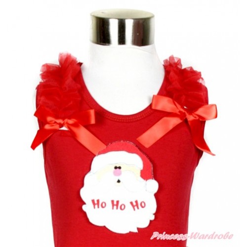 Xmas Red Tank Top with Red Ruffles & Red Bow With Santa Claus Print TN099 