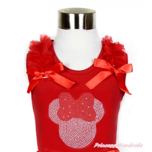 Xmas Red Tank Top with Red Ruffles & Red Bow With Sparkle Crystal Bling Rhinestone Red Minnie Print TN231 