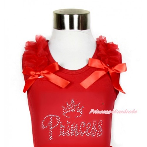 Xmas Red Tank Top with Red Ruffles & Red Bow With Sparkle Crystal Bling Rhinestone Princess Print TN232 