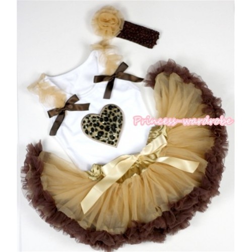 White Baby Pettitop with Leopard Heart Print with Goldenrod Ruffles & Brown Bows &Light Dark Brown Newborn Pettiskirt With Brown Headband Goldenrod Rose NG1109 