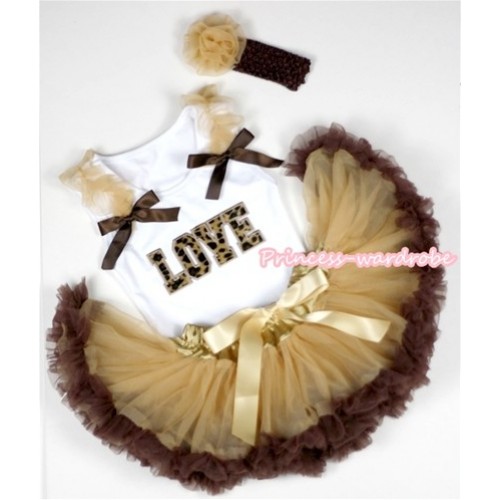 White Baby Pettitop with Leopard Love Print with Goldenrod Ruffles & Brown Bows &Light Dark Brown Newborn Pettiskirt With Brown Headband Goldenrod Rose NG1105 