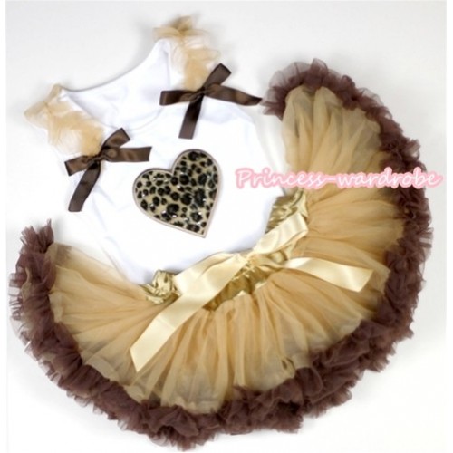 White Baby Pettitop with Leopard Heart Print with Goldenrod Ruffles & Brown Bows with Light Dark Brown Newborn Pettiskirt NN34 