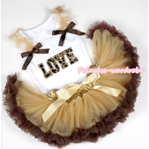 White Baby Pettitop with Leopard Love Print with Goldenrod Ruffles & Brown Bows with Light Dark Brown Newborn Pettiskirt NN35 