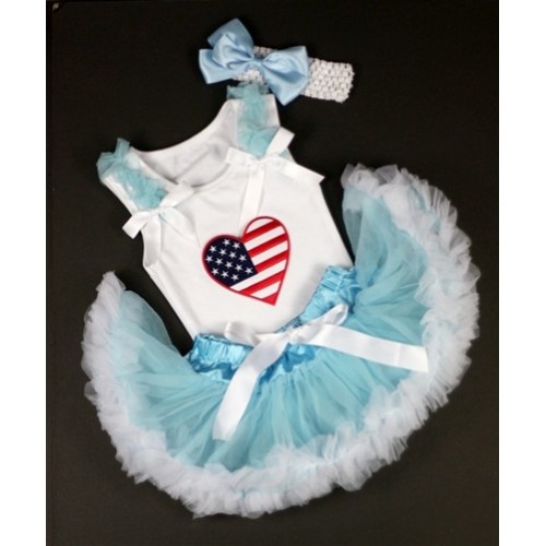 White Baby Pettitop with Patriotic America Heart Print with Light Blue Ruffles &White Bows &Light Blue White Newborn Pettiskirt With White Headband Light Blue Silk Bow NG1117 