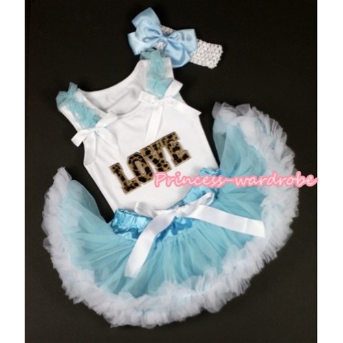 White Baby Pettitop with Leopard Love Print with Light Blue Ruffles &White Bows &Light Blue White Newborn Pettiskirt With White Headband Light Blue Silk Bow NG1119 