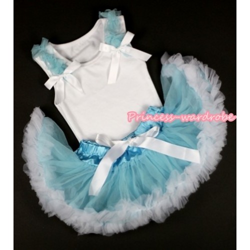 White Baby Pettitop &Light Blue Ruffles & White Bows with Light Blue White Newborn Pettiskirt NG1120 