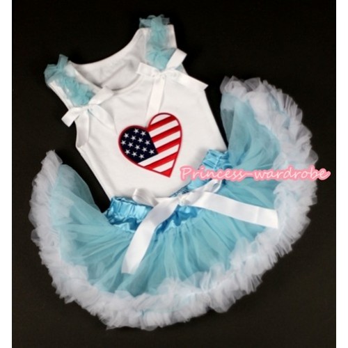 White Baby Pettitop with Patriotic America Heart Print with Light Blue Ruffles & White Bows with Light Blue White Newborn Pettiskirt NN37 