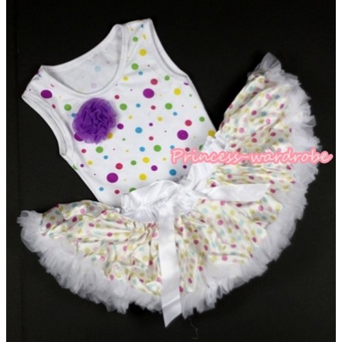 White Rainbow Dots Newborn Pettitop with a Dark Purple Rose with White Rainbow Dots Newborn Pettiskirt NP001 