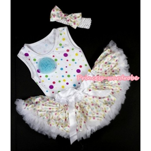 White Rainbow Dots Newborn Pettitop with One Light Blue Rose with White Rainbow Polka Dots Newborn Pettiskirt With White Headband White Rainbow Dots Satin Bow NP009 