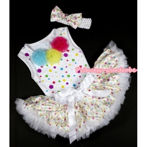White Rainbow Dots Newborn Pettitop with Light Blue Yellow Hot Pink Rosettes with White Rainbow Polka Dots Newborn Pettiskirt With White Headband White Rainbow Dots Satin Bow NP012 