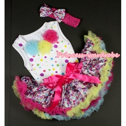 White Rainbow Dots Newborn Pettitop with Light Blue Yellow Hot Pink Rosettes with Hot Pink Rainbow Floral Fusion Newborn Pettiskirt With Hot Pink Headband Hot Pink Floral Fusion Satin Bow NP014 