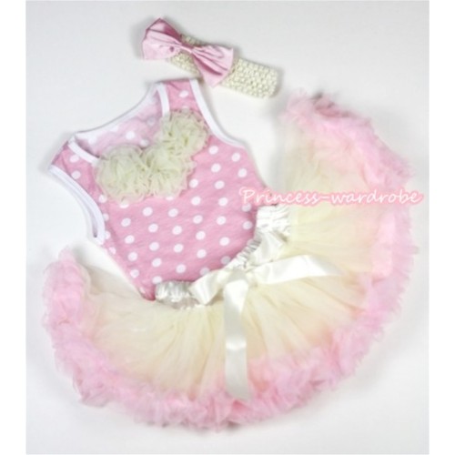 Light Pink White Dots Newborn Pettitop with Cream White Rosettes with Cream White Light Pink Newborn Pettiskirt With Cream White Headband Light Pink Satin Bow NP031 