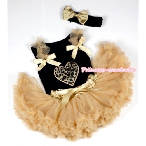 Black Baby Pettitop with Leopard Heart Print with Goldenrod Ruffles& Goldenrod Bows & Goldenrod Newborn Pettiskirt With Black Headband Goldenrod Satin Bow NG427 