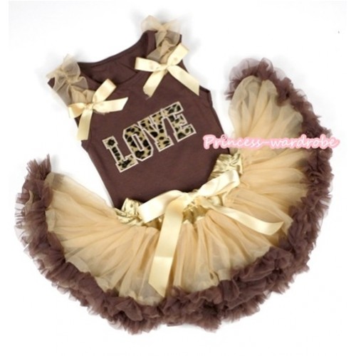 Brown Baby Pettitop with Leopard Love Print with Goldenrod Ruffles & Goldenrod Bows with Light Dark Brown Newborn Pettiskirt BG63 