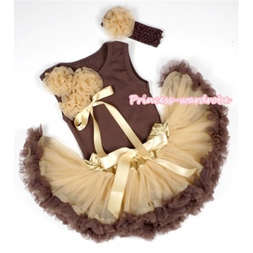 Brown Baby Pettitop with Bunch of Goldenrod Rosettes& Goldenrod Bow with Light Dark Brown Newborn Pettiskirt With Brown Headband Goldenrod Rose 3PC Set BG66 