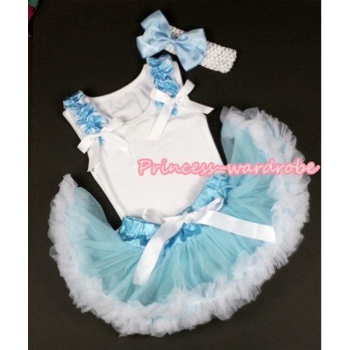White Baby Pettitop & Light Blue White Dots Ruffles & White Bow with Light Blue White Newborn Pettiskirt With White Headband Light Blue Silk Bow NG1115 