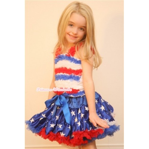 Patriotic America Flag Star Pettiskirt with Red White Royal Blue Ruffles Tank Top MR211 