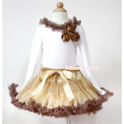 Light Dark Brown Pettiskirt with Matching White Long Sleeves Top with Bunch of Brown Satin Rosettes & Brown Lacing MW83 