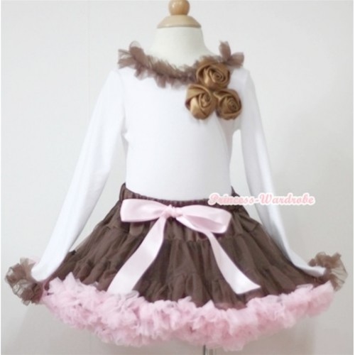 Brown Light Pink Pettiskirt with Matching White Long Sleeves Top with Bunch of Brown Satin Rosettes & Brown Lacing MW85 