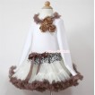 Leopard Waist Cream White Brown Pettiskirt with Matching White Long Sleeves Top with Bunch of Brown Satin Rosettes & Brown Lacing MW86 