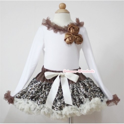 Cream White Leopard Pettiskirt with Matching White Long Sleeves Top with Bunch of Brown Satin Rosettes & Brown Lacing MW87 