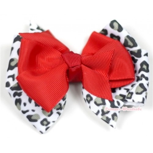 Red Grey Leopard Ribbon Bow Hair Clip H545 