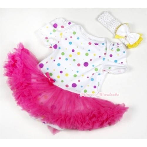 White Rainbow Dots Baby Jumpsuit Hot Pink Pettiskirt With White Headband Yellow White Ribbon Bow JS114 
