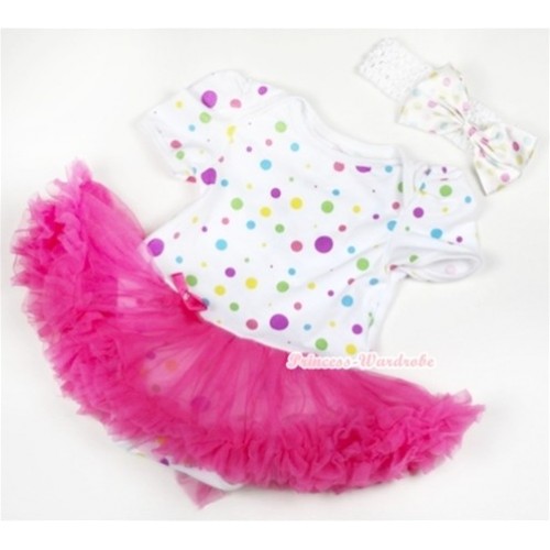 White Rainbow Dots Baby Jumpsuit Hot Pink Pettiskirt With White Headband White Rainbow Dots Satin Bow JS116 