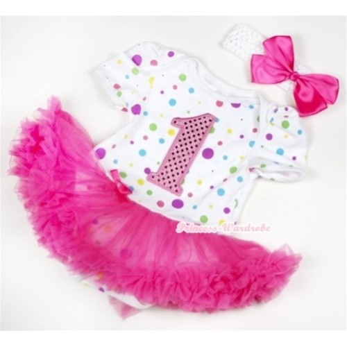 White Rainbow Dots Baby Jumpsuit Hot Pink Pettiskirt With 1st Sparkle Light Pink Birthday Number Print With White Headband Hot Pink Ribbon Bow JS118 