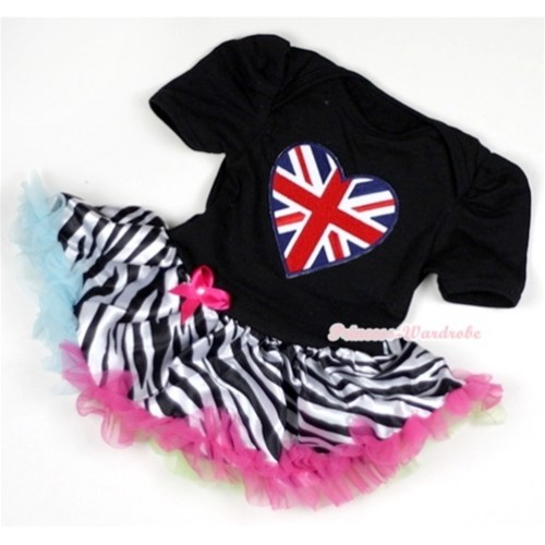 Black Baby Jumpsuit Rainbow Zebra Pettiskirt with Patriotic British Heart Print JS124 
