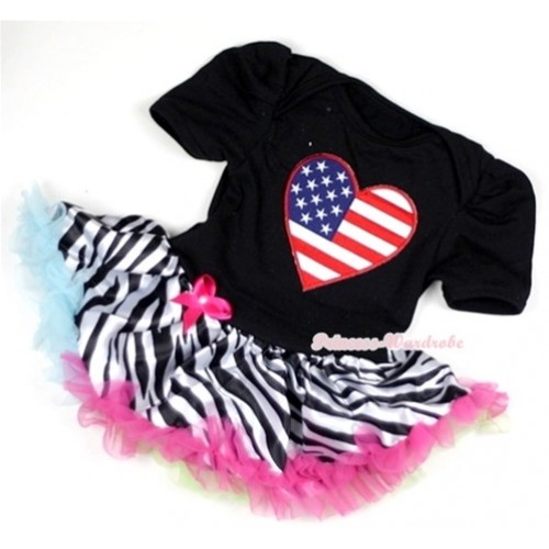 Black Baby Jumpsuit Rainbow Zebra Pettiskirt with Patriotic American Heart Print JS125 