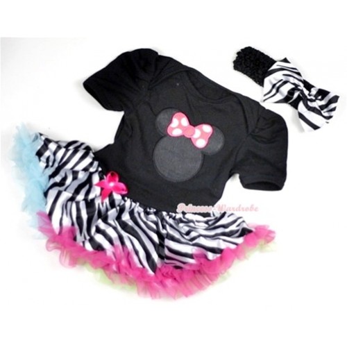 Black Baby Jumpsuit Rainbow Zebra Pettiskirt With Hot Pink Minnie Print With Black Headband Zebra Satin Bow JS133 