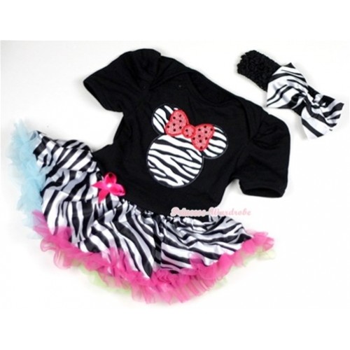 Black Baby Jumpsuit Rainbow Zebra Pettiskirt With Zebra Minnie Print With Black Headband Zebra Satin Bow JS134 