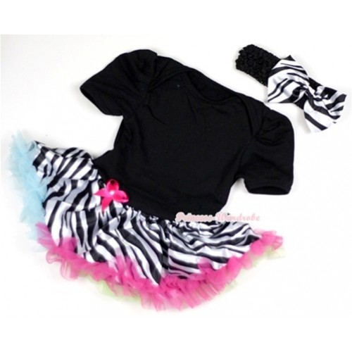 Black Baby Jumpsuit Rainbow Zebra Pettiskirt With Black Headband Zebra Satin Bow JS132 