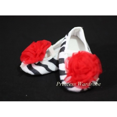 Baby Zebra Crib Shoes with Hot Red Rosettes S05 