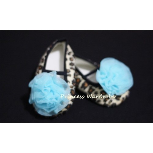 Baby Leopard Crib Shoes with Light Blue Rosettes S13 