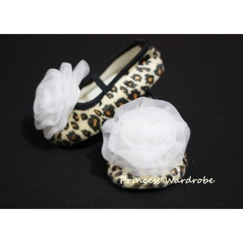 Baby Leopard Crib Shoes with Pure White Rosettes  S15	 