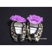 Baby Leopard Crib Shoes with Dark Purple Rosettes S18 