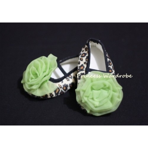 Baby Leopard Crib Shoes with Lime Green Rosettes S21 