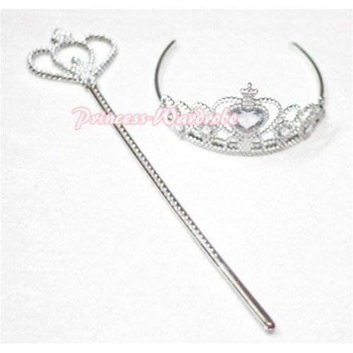 Noble Princess Pure White Crystal Crown Wand with Crystal Crown Set 