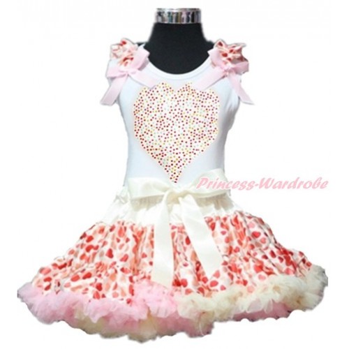 Valentine's Day White Tank Top with Cream White Heart Ruffles & Light Pink Bows with Sparkle Crystal Bling Rhinestone Rainbow Heart Print With Cream White Heart Pettiskirt MG875 