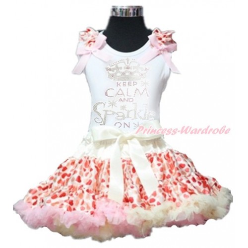 Valentine's Day White Tank Top with Cream White Heart Ruffles & Light Pink Bows with Sparkle Crystal Bling Rhinestone Keep Calm And Sparkle On Print With Cream White Heart Pettiskirt MG876 